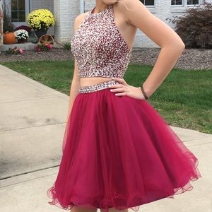 Red two piece beaded homecoming dress